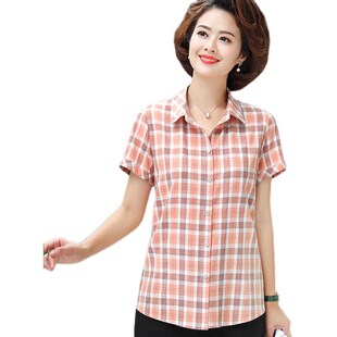 纯棉格子衬衫短袖女士夏季女装上衣短款百搭夏天衣服中年妈妈夏装