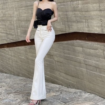 lovingu韩国江南美人显腿长百搭白色女神拉链包臀休闲喇叭长裤