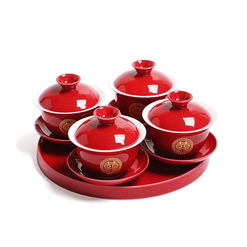 婚礼新人改口敬茶杯陶瓷红色茶具婚庆结婚敬茶碗喜事敬茶壶盖碗