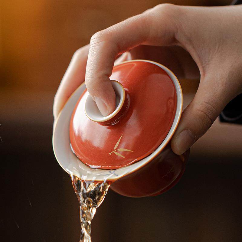 弥言描金烫盖碗珊瑚红手工瓷陶茶碗纯LUG手绘功具夫茶泡茶碗茶杯