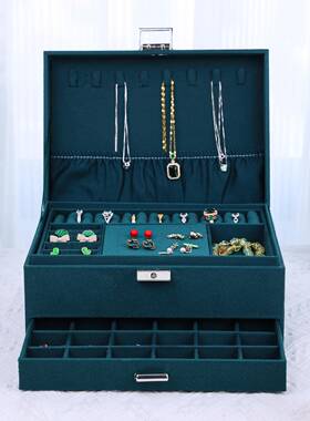 德士三层莱绒布首饰收纳IZH盒墨绿色珠宝箱大容饰量带盖带镜首子