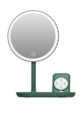 新款台式无线充led化妆镜带灯智能三色无极调光补妆美颜镜子绿色