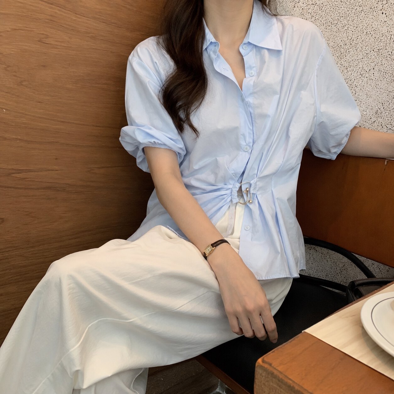 夏季法式泡泡袖显瘦衬衫阔腿套装