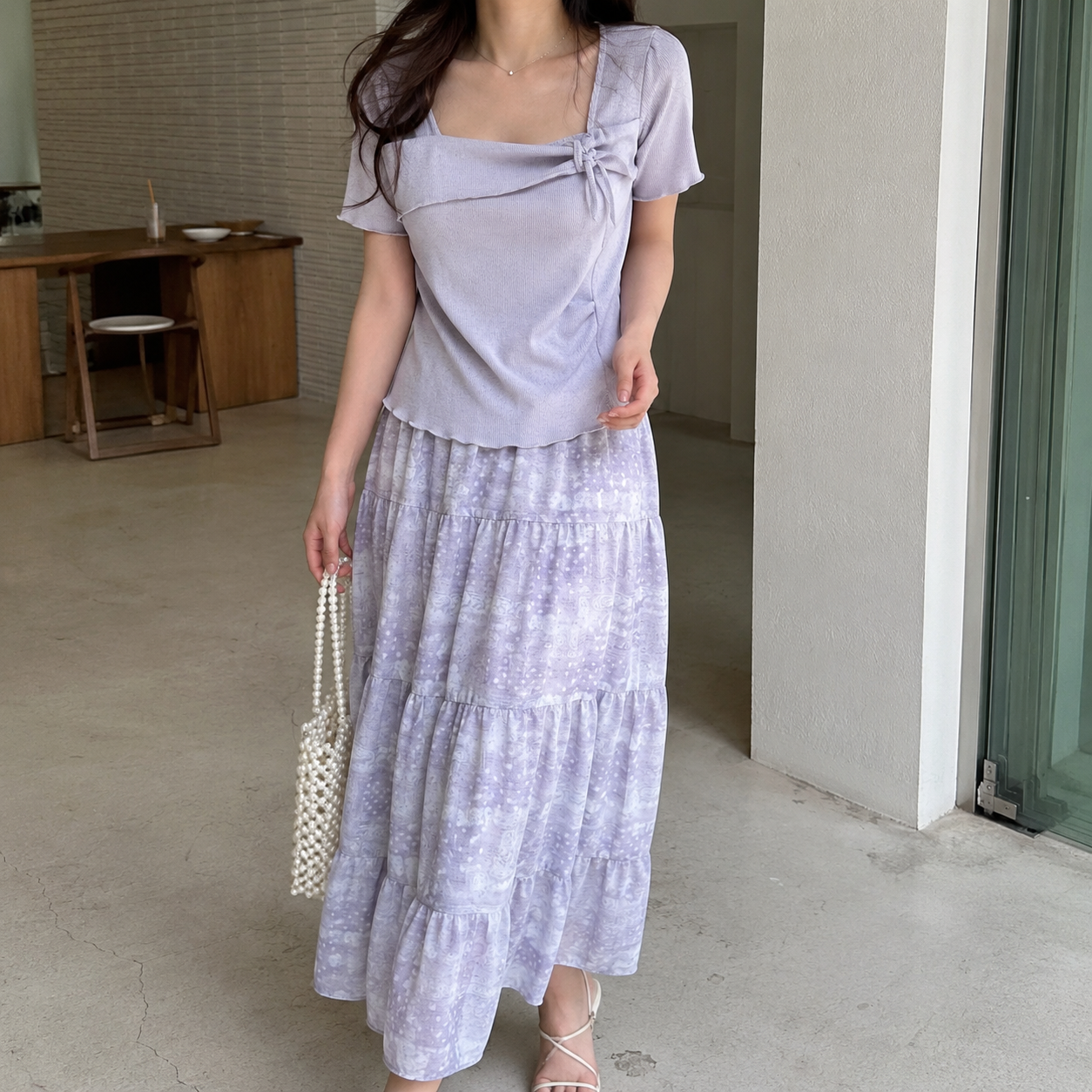 法式方领碎花显瘦蛋糕连衣裙