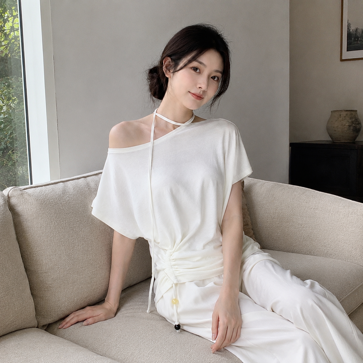 酒窝新款定制米白圆领收腰宽松显瘦百搭短袖T恤上衣女款设计感美