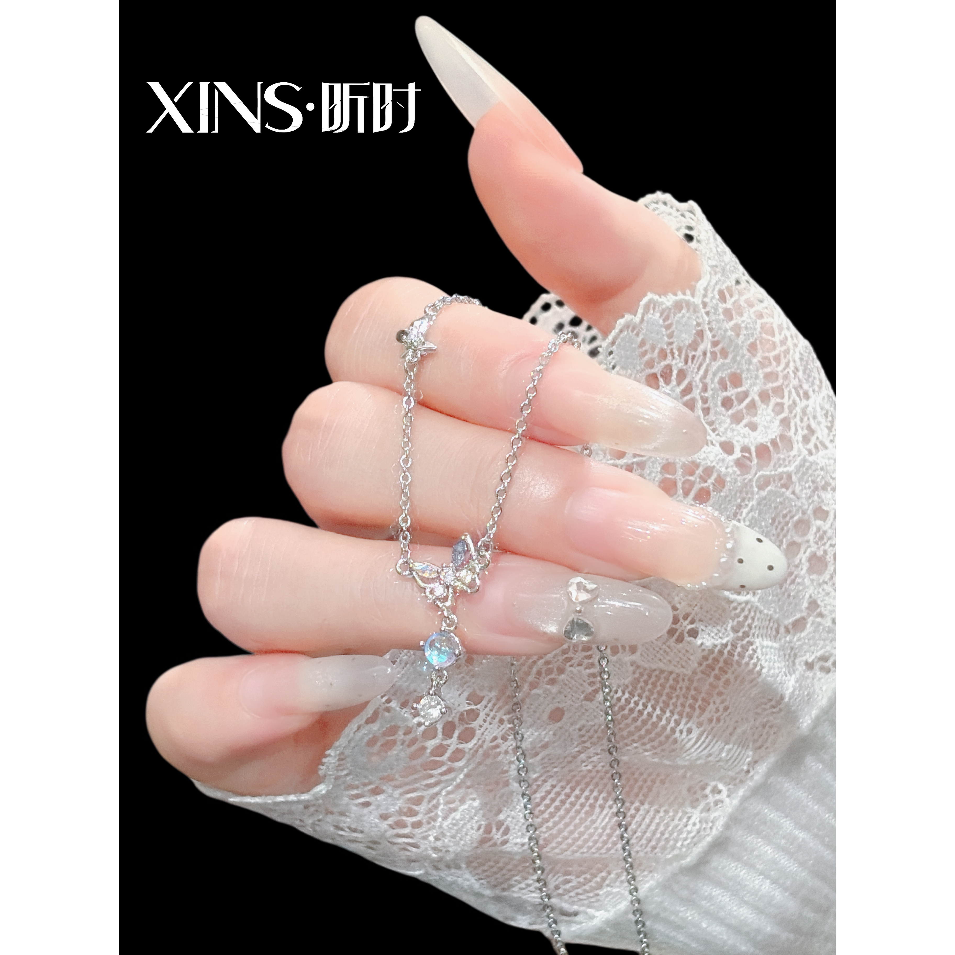 XINS昕时月光石流苏蝴蝶项链轻奢小众精致纯银锁骨链生日礼物送人