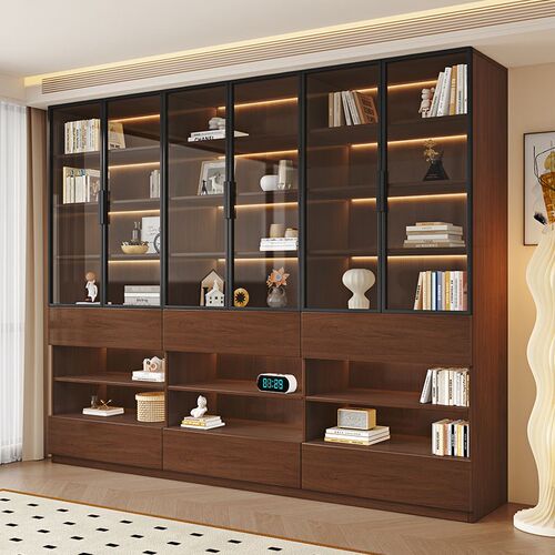 实木书柜一体整墙去客厅化满墙家用书柜组合带玻璃门展示柜子定制