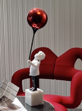 拿红气球男孩雕塑样板间客厅玄关大理石人像摆件极简现代软装饰品