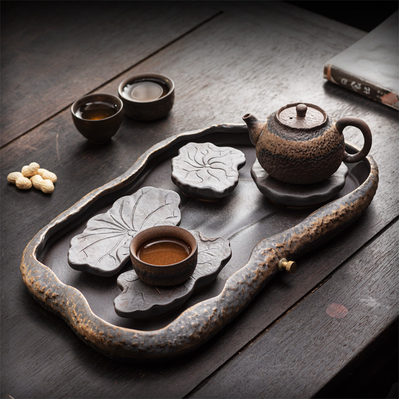 复古粗陶茶盘干泡盘储水排水式功夫茶台家用小型号茶具茶托盘茶海