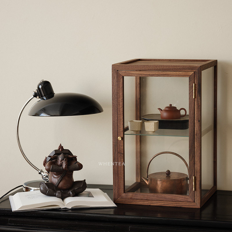 闻说胡桃木手工实木立柜 中式复古玻璃茶柜陈列柜 桌面茶道具