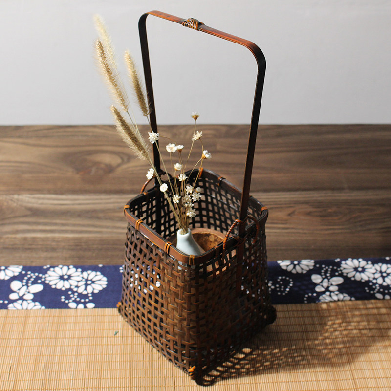 冰竹创意竹编花器复古方形摆设配件手工编制竹工艺品花篮竹制篮子