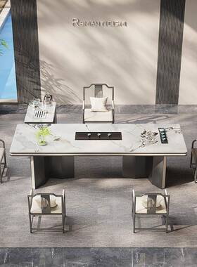 2式02LMW5新款高岩板茶入桌椅端组合现代简约烧水壶一体嵌办公室