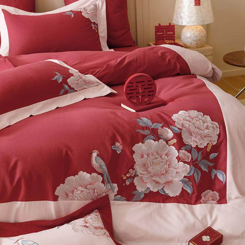 新中式婚001S全棉磨毛庆四件套秋冬牡丹SY2432-2刺被套红色结婚床