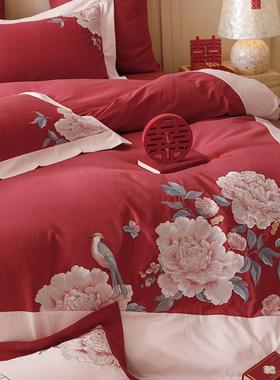 新中式婚001S全棉磨毛庆四件套秋冬牡丹SY2432-2刺被套红色结婚床