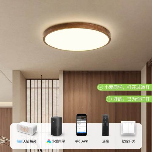 中风过木道吸顶灯现代古简约创房意胡桃色474圆形护眼阳台厨走廊