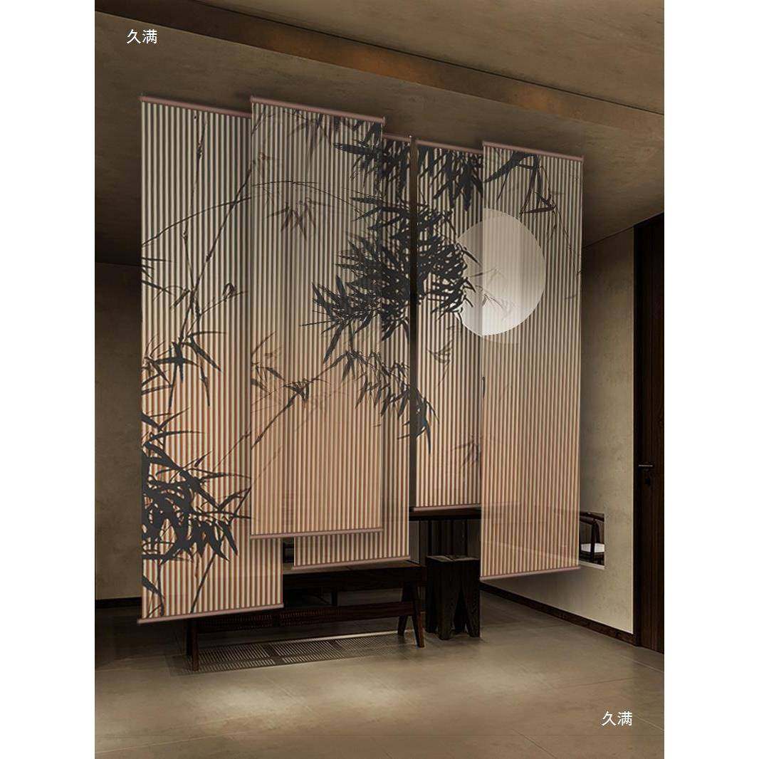 新中式屏卷帘山水竹印子画电动办室挂帘餐厅客tlznsdsd厅茶室软公