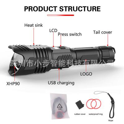 9跨境新款XHP0手电尾部带安er全锤筒广角强电筒透光镜带液晶屏