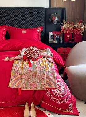 庆床100支绒棉结婚四件套纯棉婚嫁大婚LM红色刺长绣简约被套陪嫁