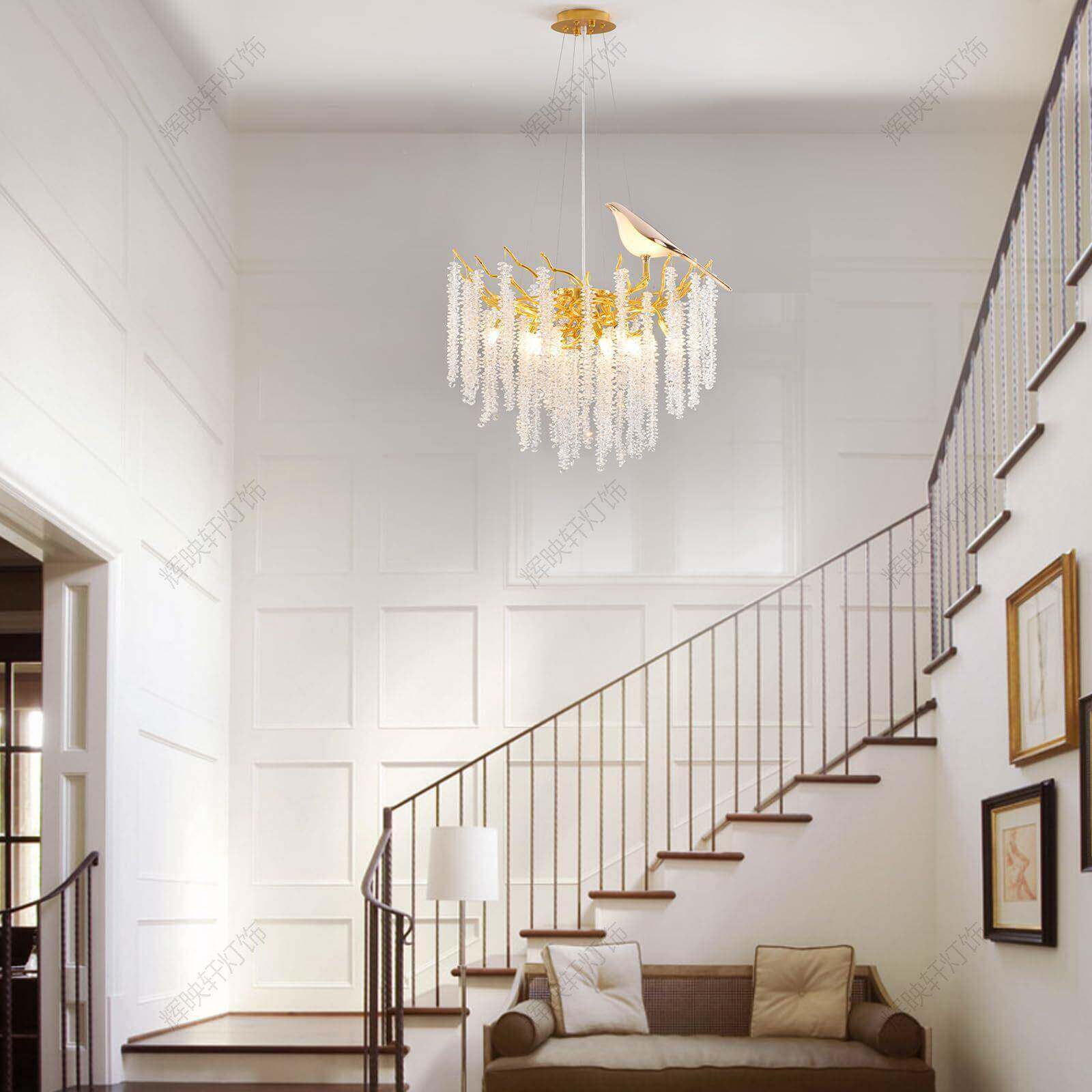 新款晶吊灯式复式楼梯客色厅美卧室豪华高级感创意金小鸟喜水鹊枝