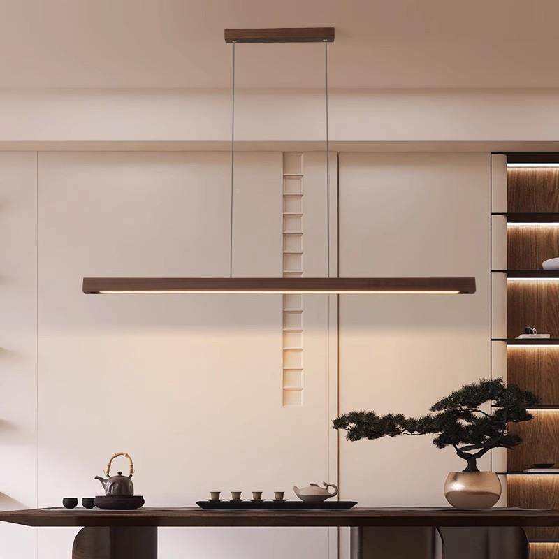 胡桃木色餐厅579吊灯日式一现代茶约新中式禅意室实木字长条餐桌