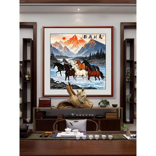 新款马到成功装饰画八骏图挂画大气骏马图办公室茶室过道定制壁画