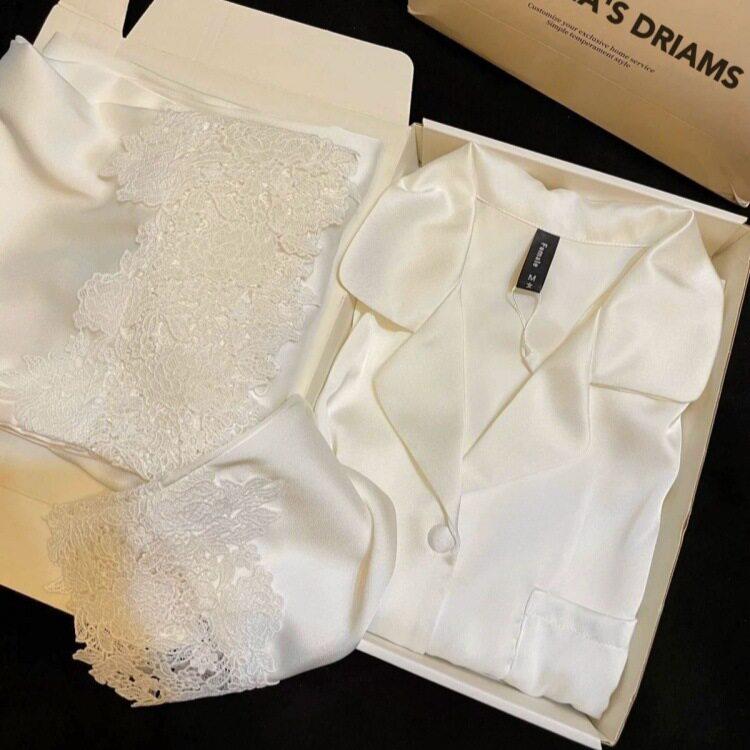 家居服睡衣高定水溶蕾丝花边冰雪丝女春秋季长袖长裤两件套装