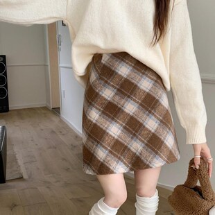 胖MM卡其格半身裙小个子加长中裙复古毛呢格纹短裙百搭A字包臂裙