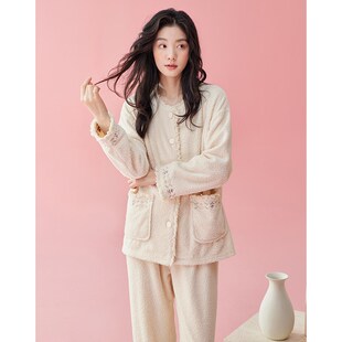 珊瑚绒睡衣女秋冬季高级感开衫甜美中国风家居服春秋加厚薄绒套装