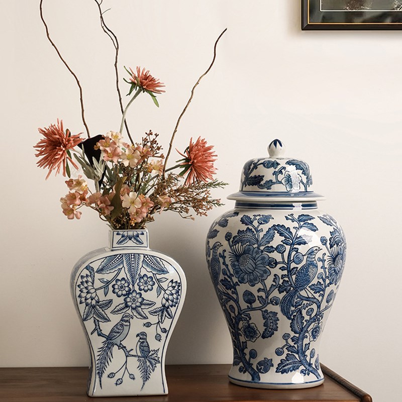 新中式青花瓷花瓶花鸟将军罐装饰品家居别墅样板玄关客厅桌面摆件
