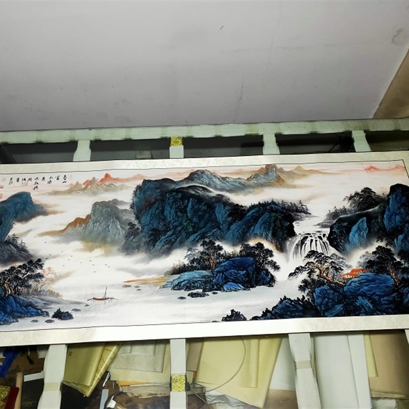 周强春山富水源远流长国画山水横幅宣纸微喷复制版画高逼真中式画