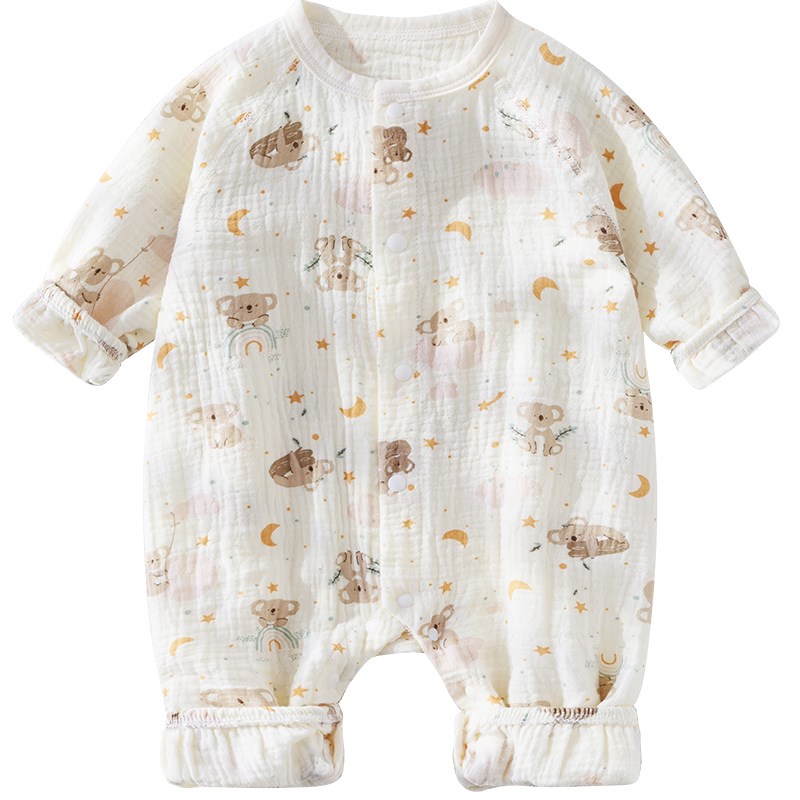 婴儿纯棉纱布连体衣夏季薄款衣服满月女宝男宝无骨棉纱长爬空调服