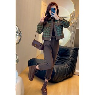 短款拼皮格子夹棉毛呢外套秋冬小个子外套加厚直筒小脚裤两件套女