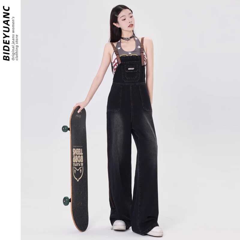 美式高腰牛仔背带裤女2024年新款大码胖mm设计感工装阔腿拖地裤子