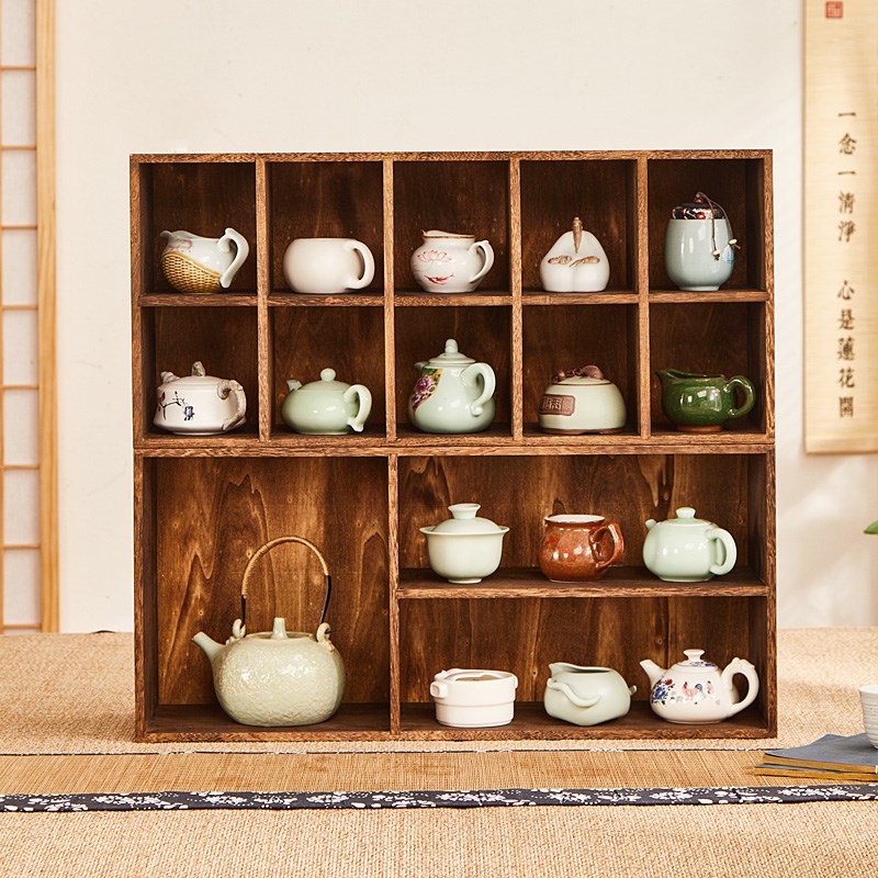 实木桌面博古架茶具收纳柜置物架防尘茶壶茶杯架多宝阁展示架壁挂