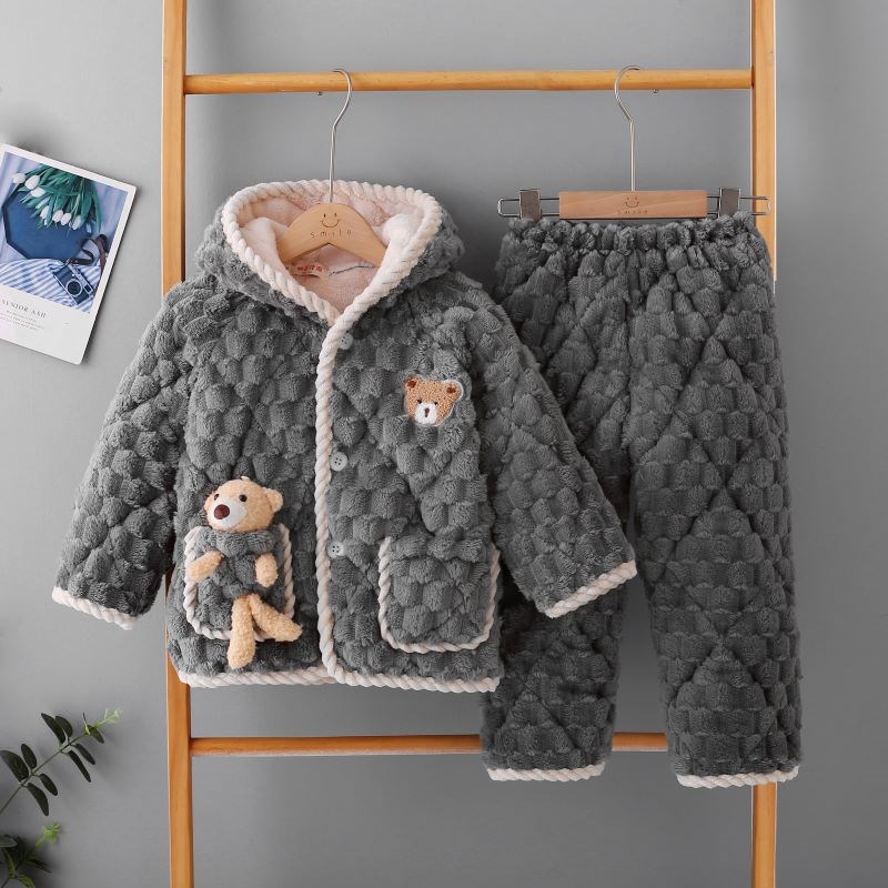 儿童冬季睡衣加厚三层夹棉法兰绒套装小孩男女童珊瑚绒宝宝家居服