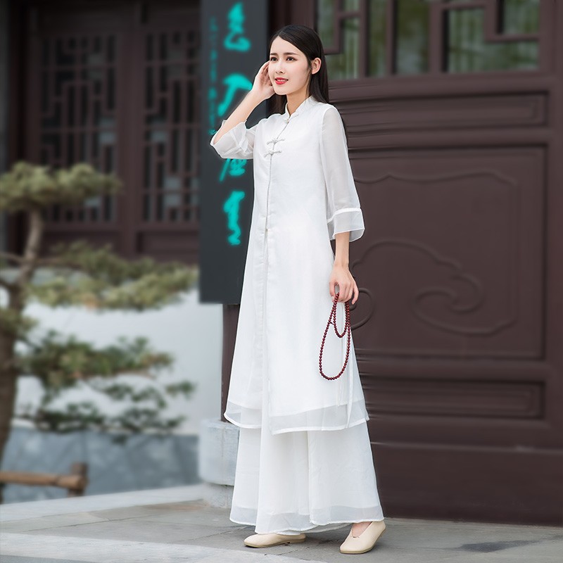 禅意茶服女秋冬复古汉服女套装中国风民族改良版旗袍两件套连衣裙