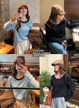 NAZ那子大码秋装新款圆领设计感撞色针织衫胖mm复古气质洋气上衣