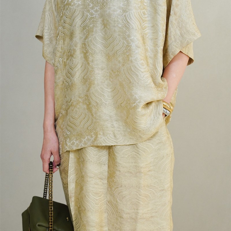 扶摇 新中式立领盘扣短袖T恤淡雅衬衫真丝暗纹提花知识分子上衣