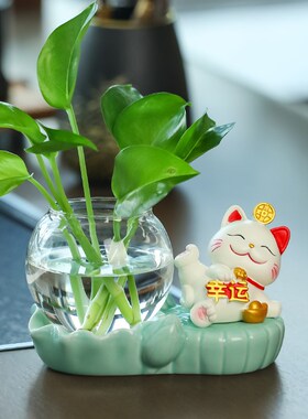 招财猫水培治愈系创意可爱客厅玄关家居办公室工位桌面装饰品摆件