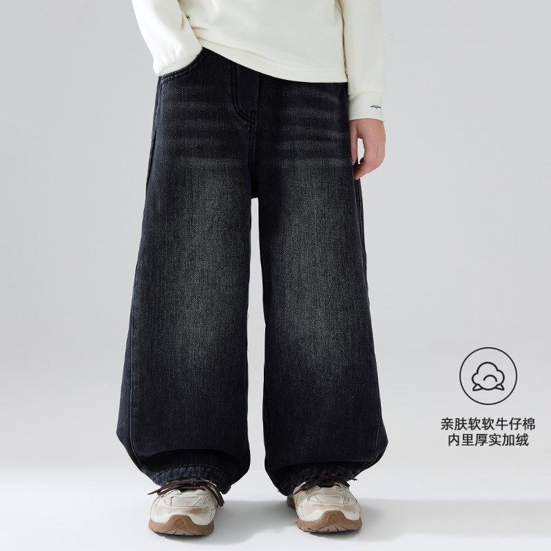 儿童冬季加绒牛仔裤女童男童裤子一体绒加厚保暖直筒裤休闲裤宽松
