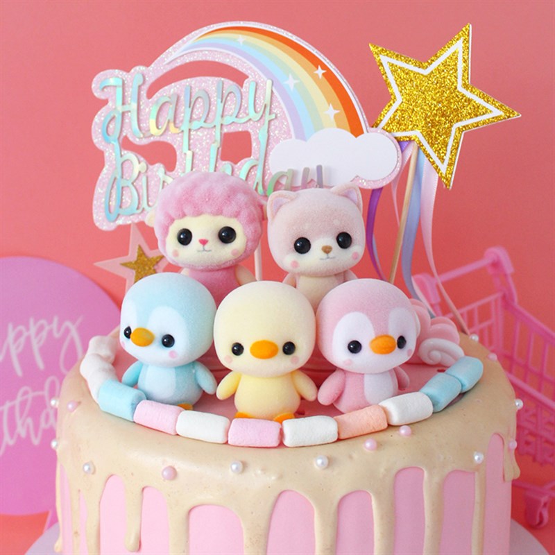 软萌小柴犬小黄鸭植绒粉色梦幻蛋糕装饰卡通企鹅公仔装饰摆件