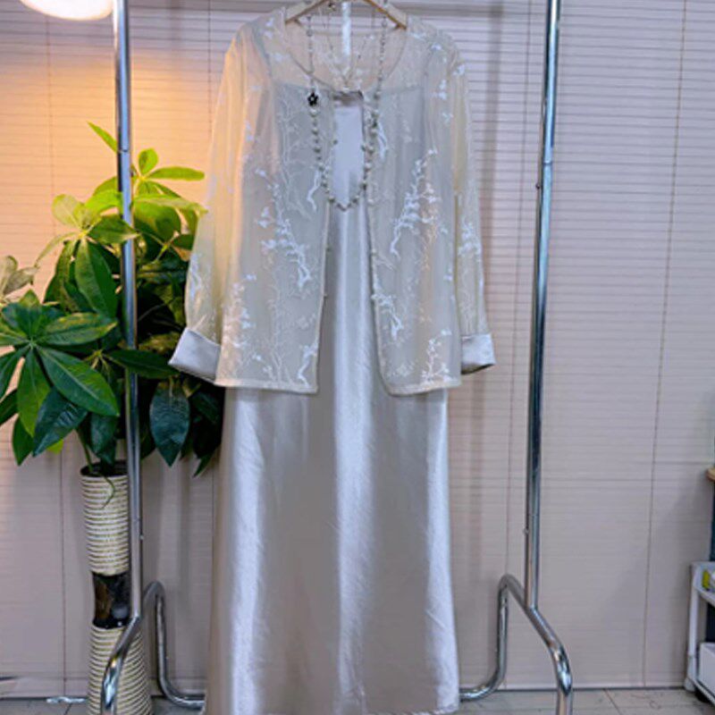 加大码女装圆领挽袖暗花外搭吊带裙两件套胖MM新中式国风气质套装