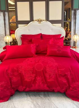 1四00支缎提花床纯棉结婚贡件套婚XAI庆红色高档龙凤喜被陪嫁上用