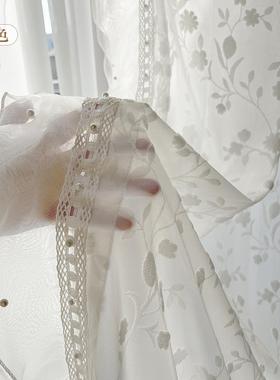 曼影纱法式浪漫美式古重工浮窗纱花边纱帘定33494制⊙米色/复白雕色