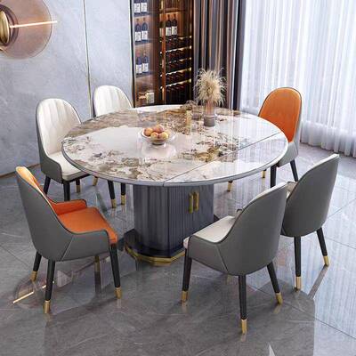 款岩新板餐桌伸缩方圆两用可简变圆桌现代IMJ约轻奢高端网折叠饭