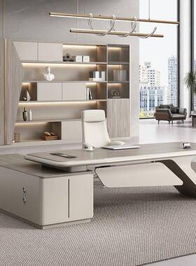 简约代橡木大班台办公裁桌风轻奢格总VBK级老板桌组合含现书柜