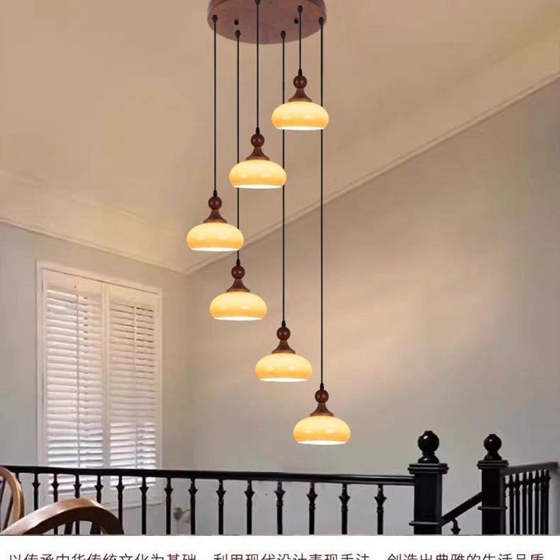 loft复楼别大灯复古中式墅挑空客厅式楼梯吊间楼410梯吊灯旋转楼