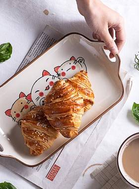 式日釉下子彩双耳长盘蒸盘早IJT餐盘鱼盘家鱼用菜盘陶瓷盘微波炉