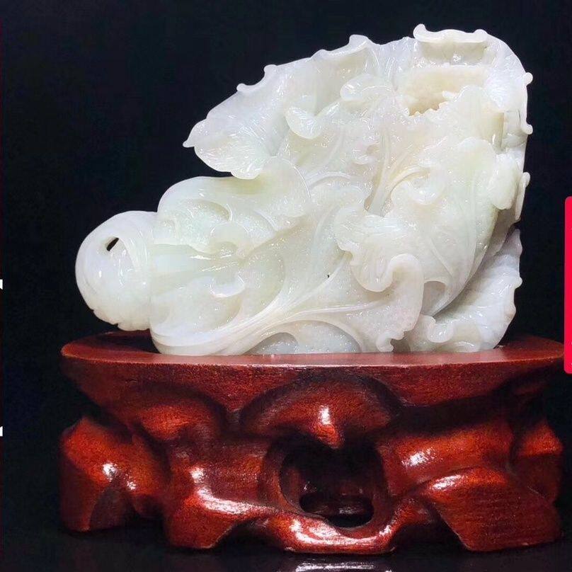 清代精品和田玉玉雕白菜摆件精致立体雕刻选料上乘玉质通透白润