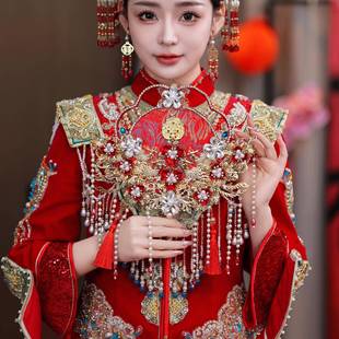 红色蕾新娘结式 婚秀禾中双面成扇品遮面红色百丝搭DIY成MBG品团91